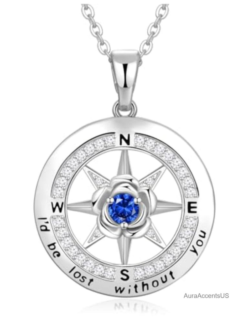925 Sterling Silver Compass Pendant Necklace 18K White Gold Plated CZ